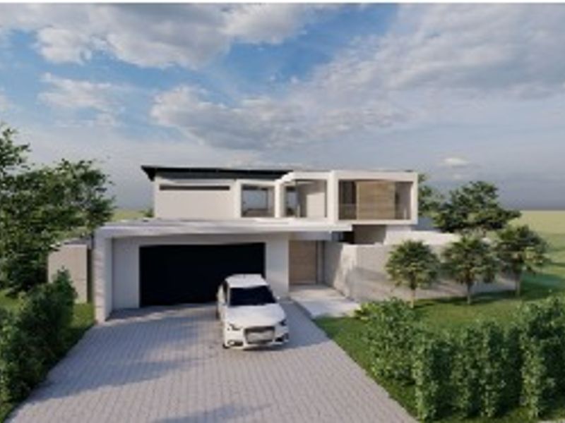 A modern two-story residential property featuring a paved driveway, double garage, and clean architectural lines set within a landscaped garden.