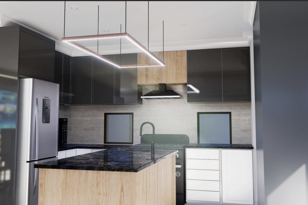 A modern, high-end kitchen featuring sleek dark cabinetry, a central island with stone countertops, and contemporary pendant lighting in a clean, finished space.
