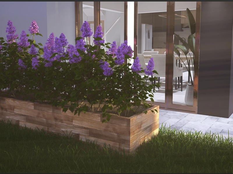 A modern patio area featuring a built-in timber planter box and large sliding glass doors leading into the residence.