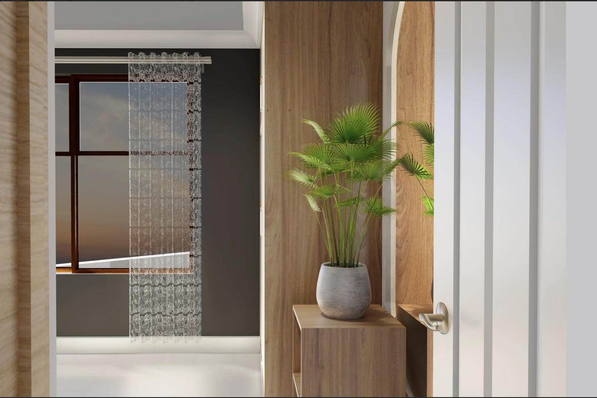 A modern bedroom interior featuring wood-paneled walls, built-in cabinetry, and a window with natural light.