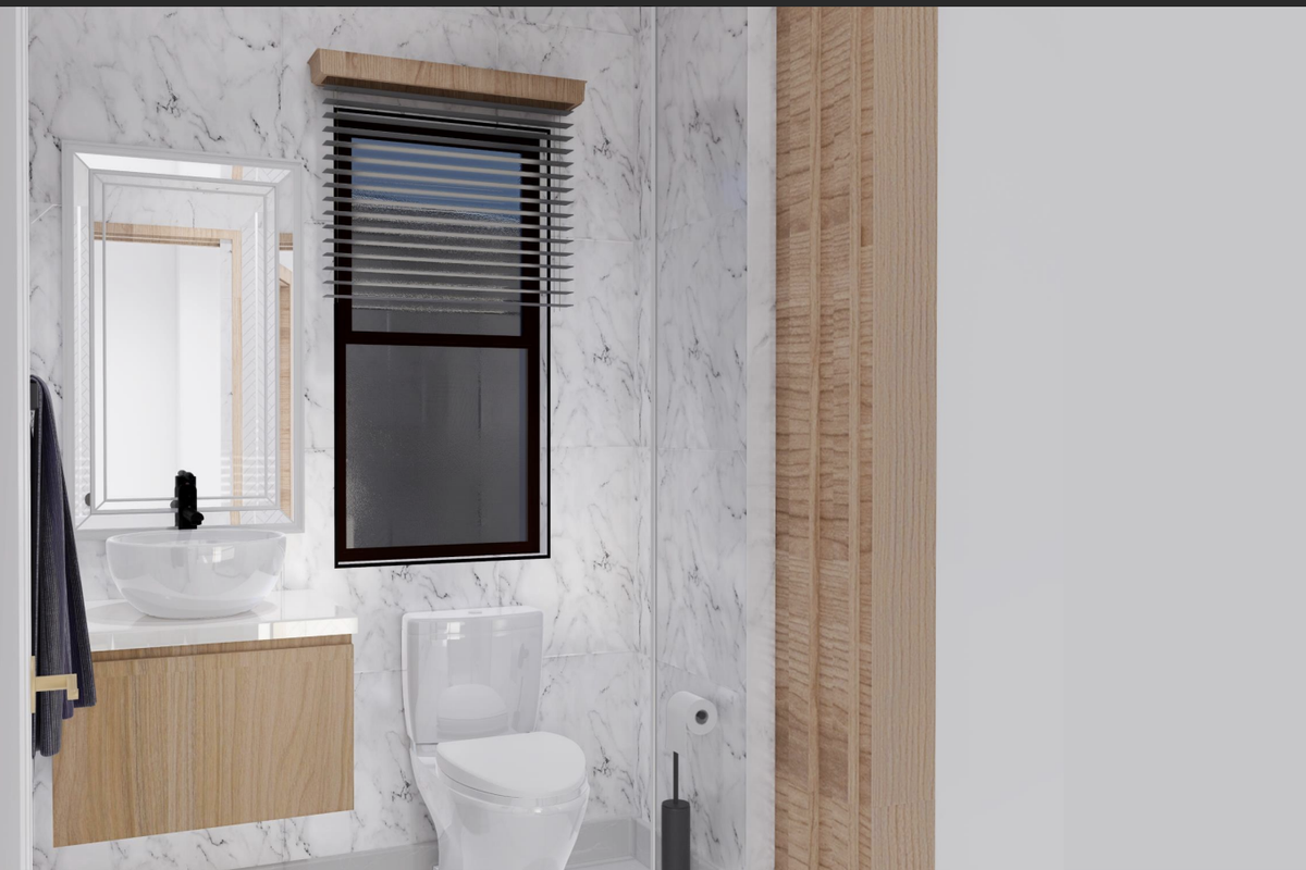 A modern, well-appointed bathroom featuring marble-effect wall tiles, a floating vanity with a vessel sink, and a clean, contemporary design.