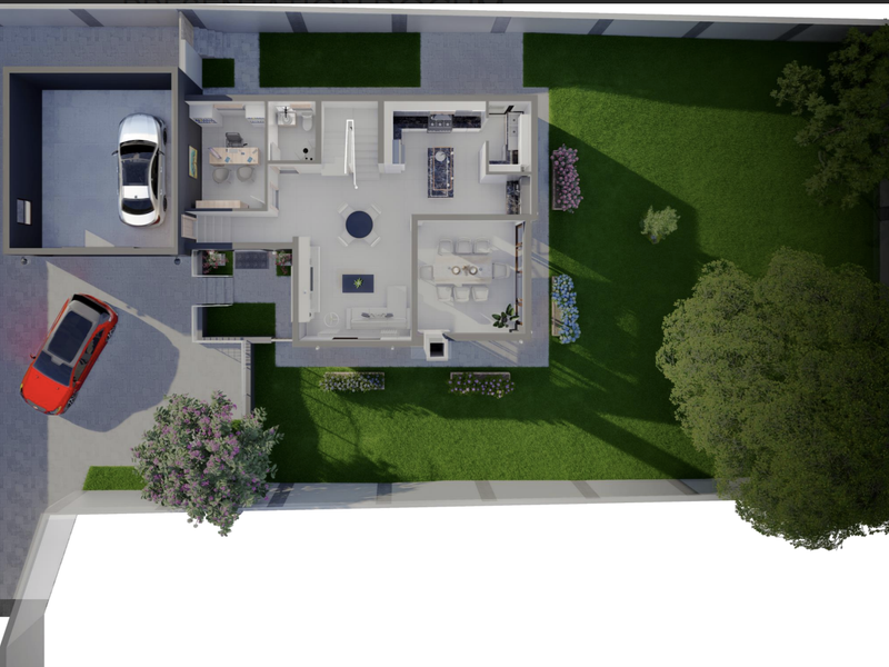 An overhead 3D floor plan rendering showing the layout of the residence, including the garage, living spaces, and surrounding garden area.