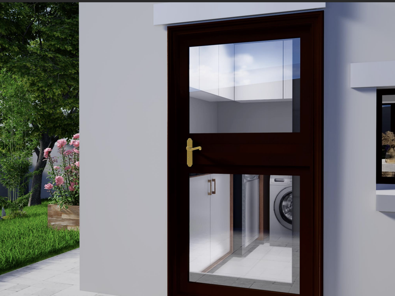A view of a rear garden featuring a paved walkway and a stable-style door leading into the home.