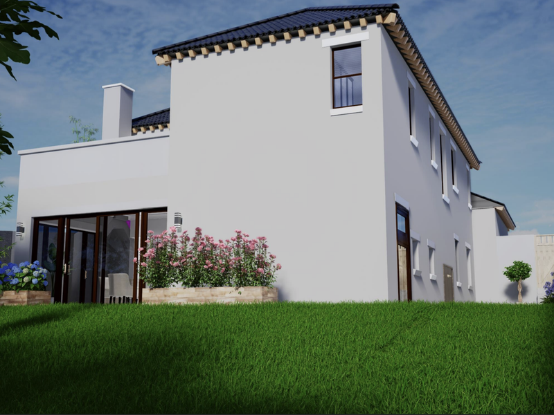 A rear view of a modern two-story residential property featuring a tiled roof, chimney, and sliding glass doors opening onto a private garden area.