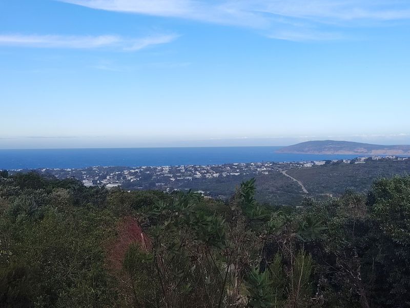 A scenic elevated view overlooking the coastal landscape, residential area, and the ocean horizon.
