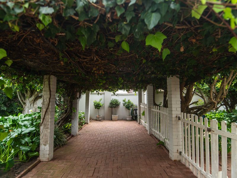 A charming, ivy-covered brick pergola walkway featuring paved flooring and a white picket fence, creating a serene and shaded outdoor garden passage.