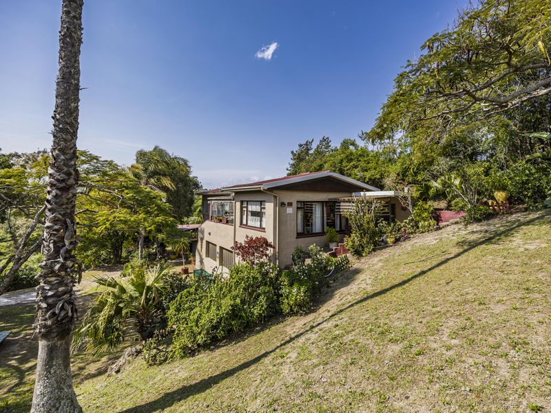 A rear view of the house featuring a sloped garden, mature trees, and a traditional exterior facade with metal roofing.