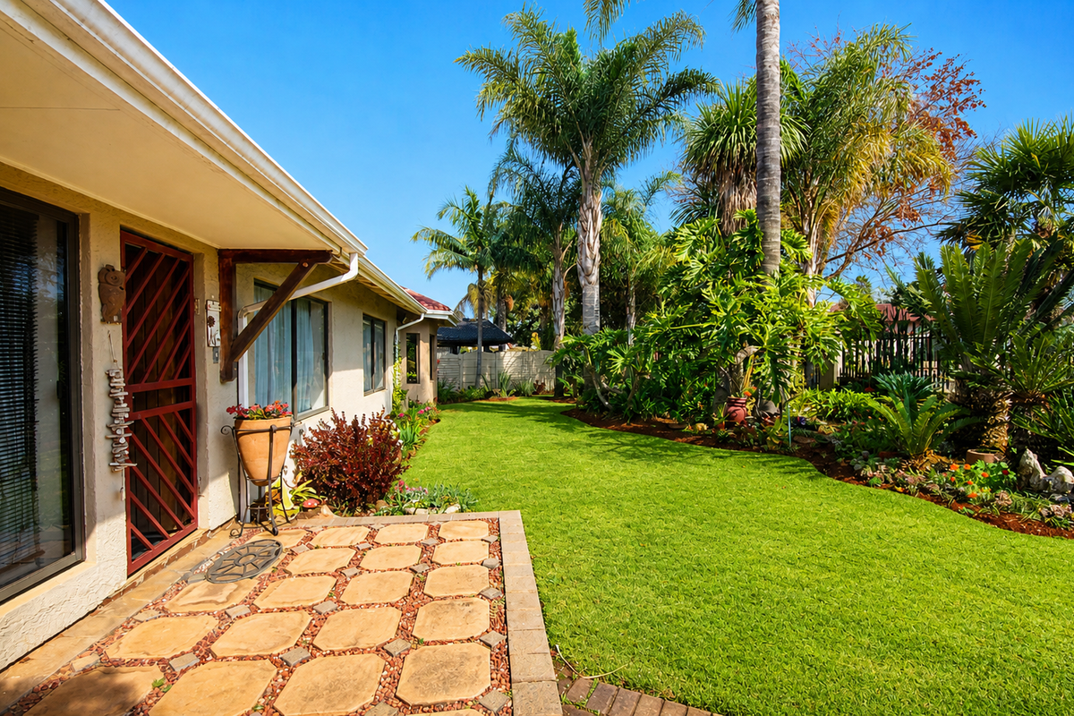 A well-maintained rear garden featuring a paved patio area, lush green lawn, and mature palm trees, providing a private outdoor living space.