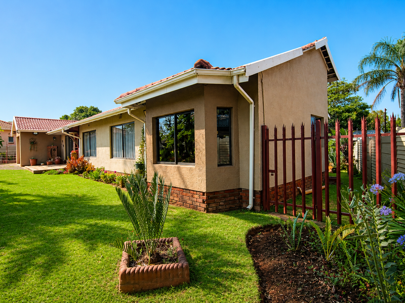 A well-maintained rear exterior view of the house featuring a landscaped garden, paved patio area, and secure metal perimeter fencing.