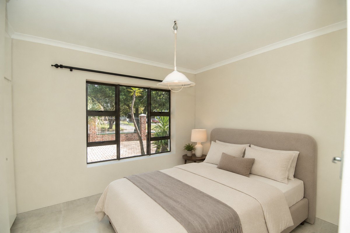A bright and neutral bedroom featuring tiled flooring, built-in cupboards, and a large window with views of the exterior.