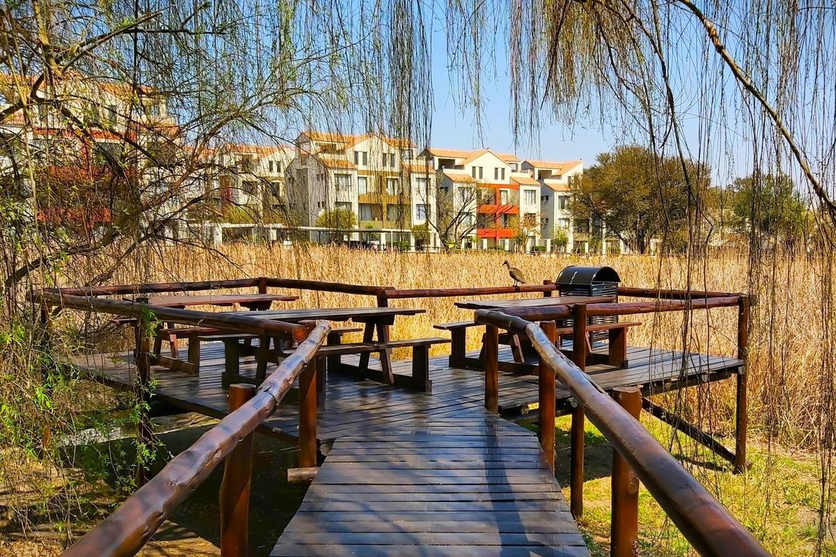 A wooden deck and walkway overlooking a natural wetland area with apartment buildings in the background.