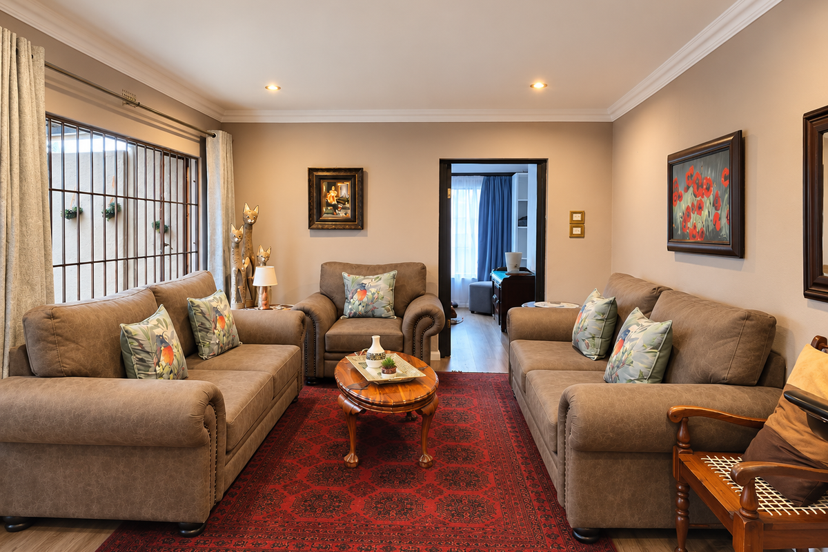 A well-maintained living room featuring recessed downlights, crown molding, and laminate flooring, with a view through to an adjacent room.