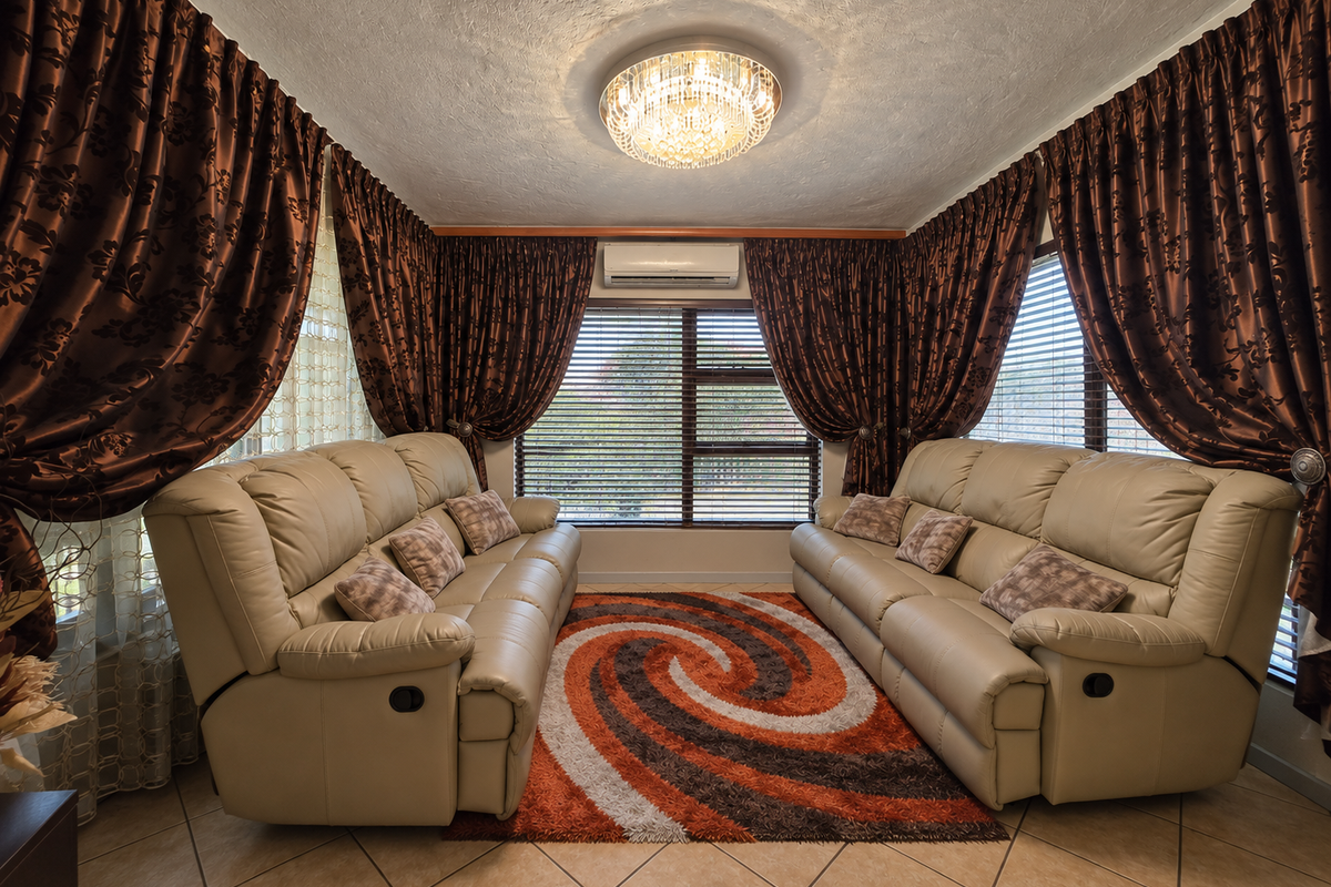A well-maintained living room featuring tiled flooring, a central crystal chandelier, and a wall-mounted split-system air conditioner with large windows and venetian blinds.
