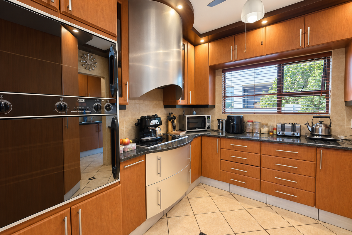 A well-appointed kitchen featuring warm wooden cabinetry, granite countertops, a stainless steel extractor fan, and built-in oven, complemented by tiled flooring.