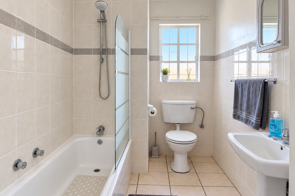 A clean, functional bathroom featuring a bathtub with a glass screen, pedestal sink, and toilet, finished with neutral wall and floor tiling.