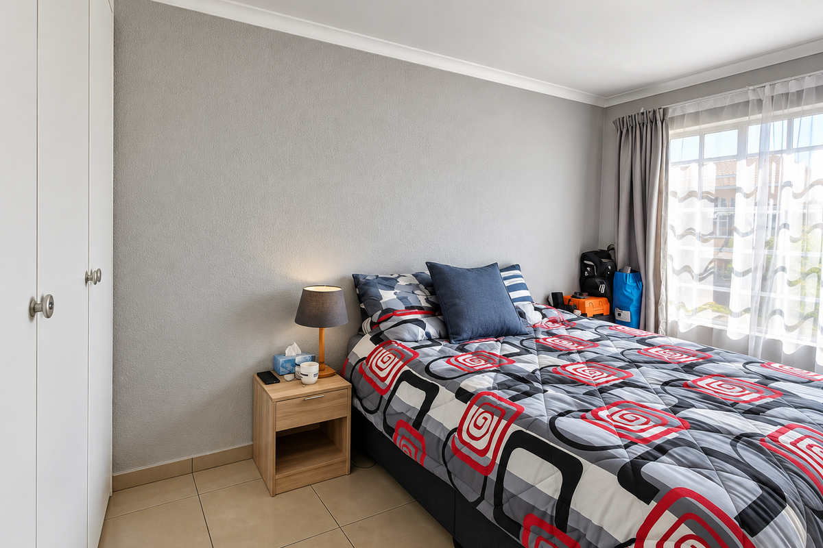 A well-maintained bedroom featuring neutral tiled flooring, built-in wardrobes, and a window with curtain tracks, providing a clean and functional living space.