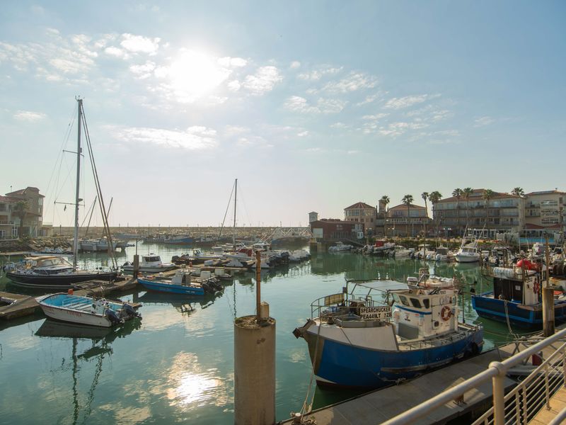 A scenic view overlooking a marina filled with various boats and vessels, showcasing the coastal lifestyle and waterfront setting of the property.