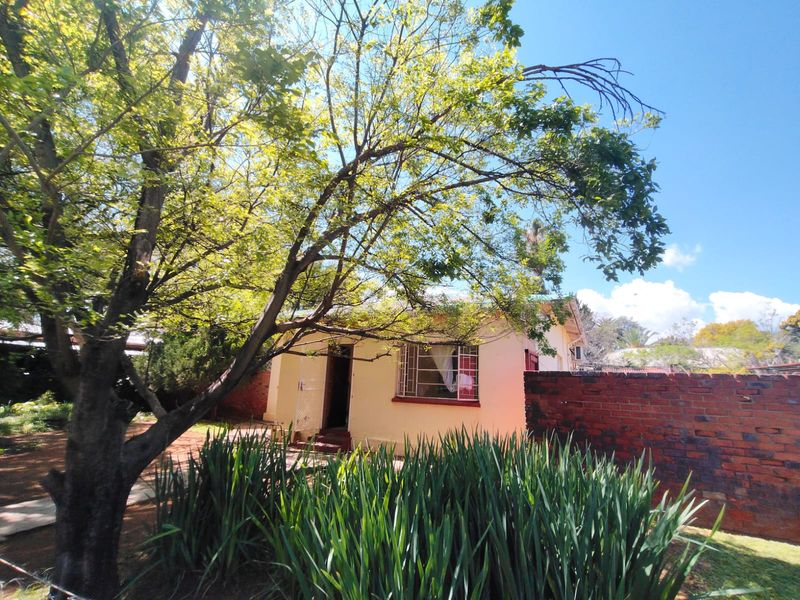 A view of the rear exterior of the house featuring a brick boundary wall, security bars on windows, and established garden landscaping.