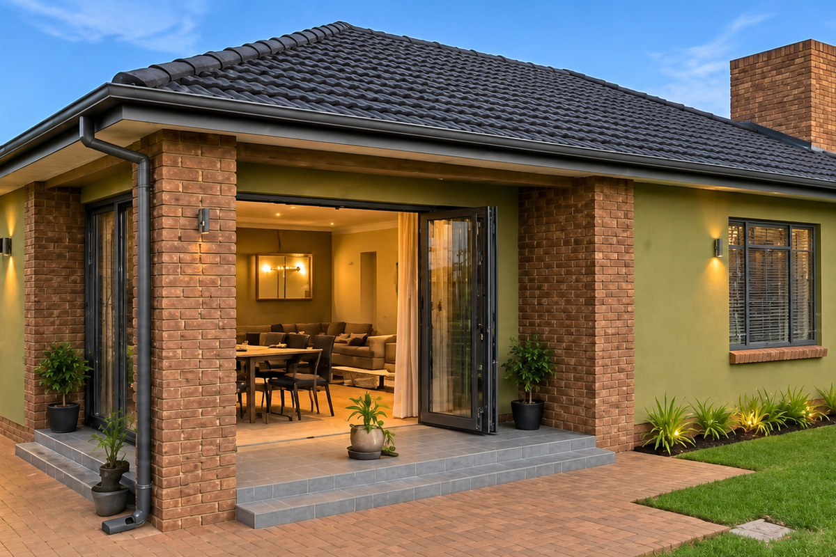A well-maintained rear exterior view featuring a brick facade, tiled roof, paved patio area, and bi-fold doors leading into the living space.
