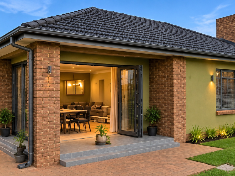 A well-maintained rear exterior view featuring a brick facade, tiled roof, paved patio area, and bi-fold doors leading into the living space.
