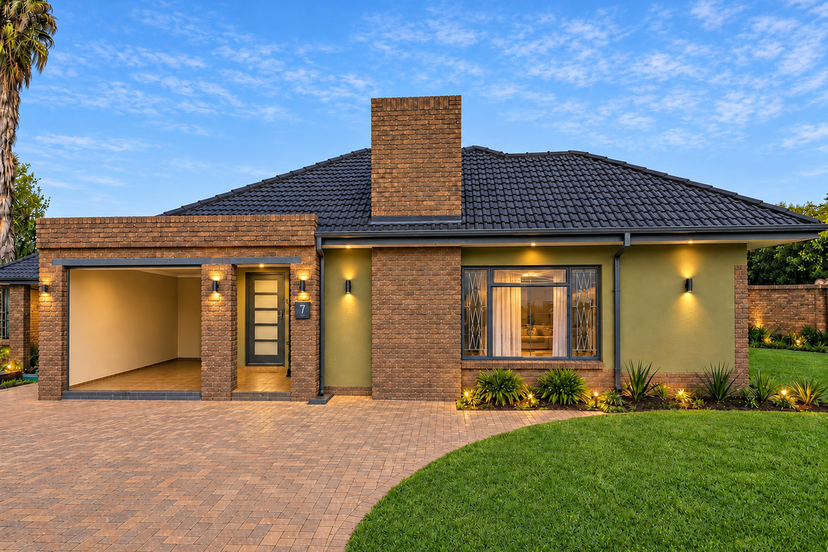 A well-maintained single-story brick home featuring a paved driveway, integrated garage, and manicured front garden with modern exterior lighting.