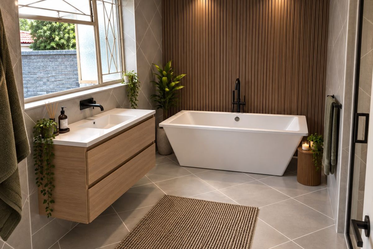 Modern bathroom featuring a sleek freestanding bathtub, wall-mounted timber vanity with integrated basin, and a stylish slatted wood feature wall.