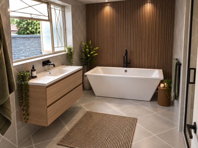 Modern bathroom featuring a sleek freestanding bathtub, wall-mounted timber vanity with integrated basin, and a stylish slatted wood feature wall.