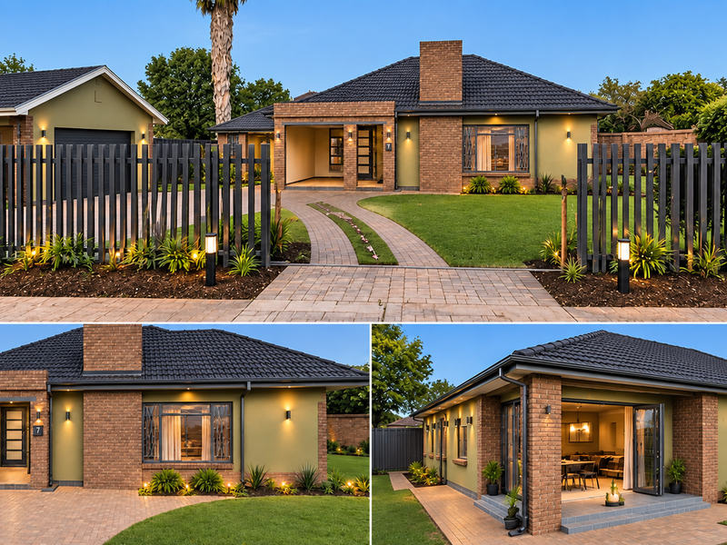 A well-maintained single-story house featuring a brick and rendered facade, tiled roof, paved driveway, and modern vertical slat fencing with integrated garden lighting.