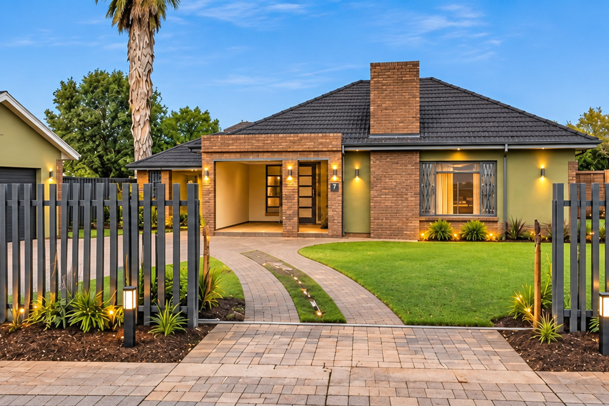 A well-maintained single-story brick house featuring a tiled roof, detached garage, paved driveway, and modern vertical slat fencing with landscaped garden lighting.