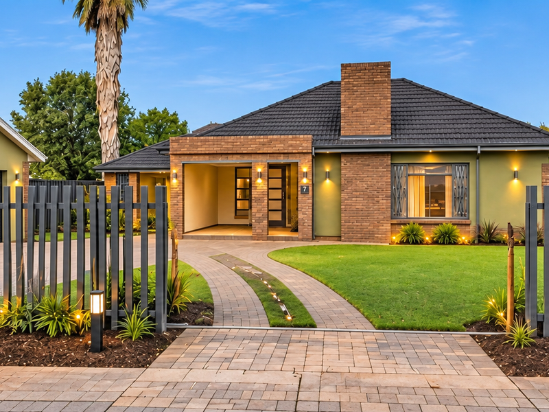 A well-maintained single-story brick house featuring a tiled roof, detached garage, paved driveway, and modern vertical slat fencing with landscaped garden lighting.