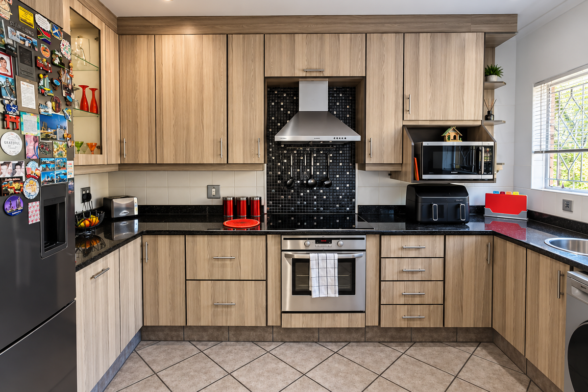 Modern kitchen featuring light wood-grain cabinetry, black granite countertops, stainless steel appliances, and a decorative mosaic tile backsplash.