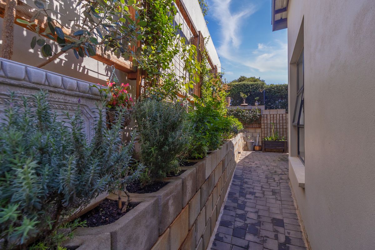 A narrow side garden path featuring a paved walkway, concrete block retaining wall, and wooden trellis structure along the side of the house.
