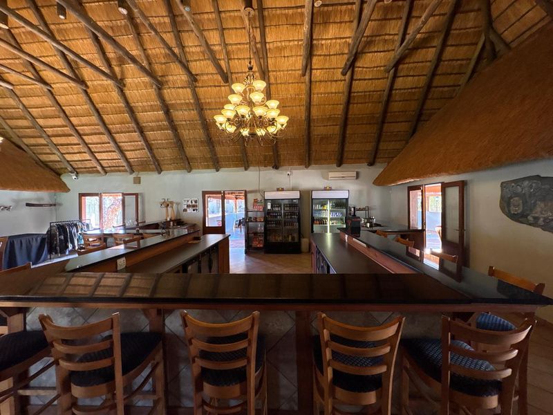 Spacious bar area featuring a high vaulted thatched roof with exposed timber rafters, a large built-in bar counter, and integrated display refrigeration.