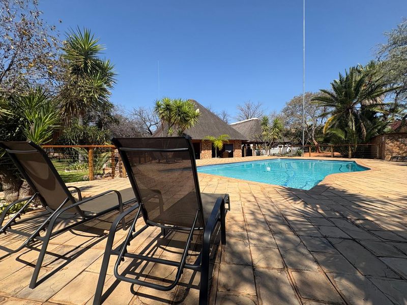 A well-maintained outdoor pool area featuring a paved deck, swimming pool, and a thatched-roof structure in the background.