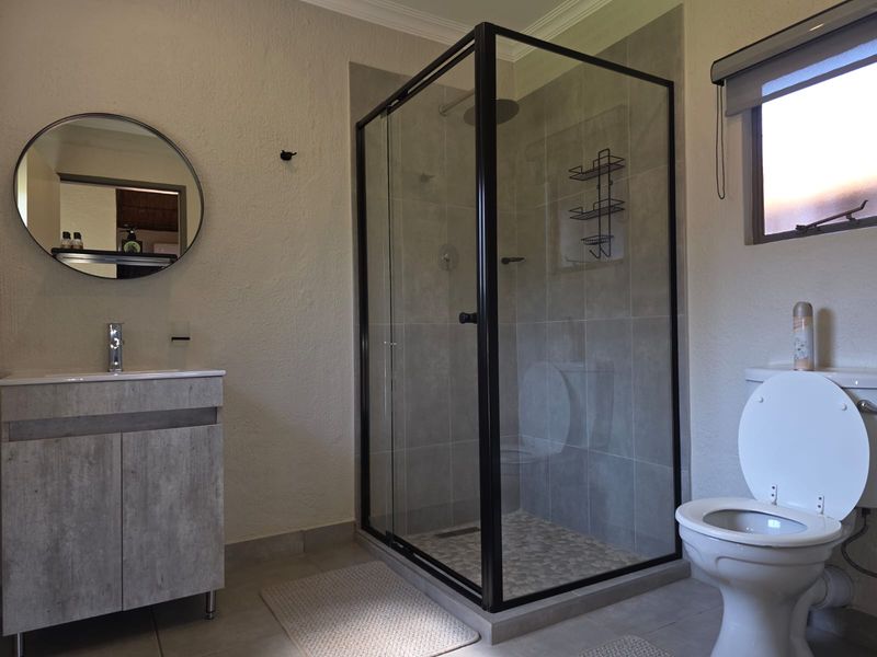 Modern bathroom featuring a vanity with basin, a glass-enclosed shower with pebble-style floor tiling, and a standard toilet.
