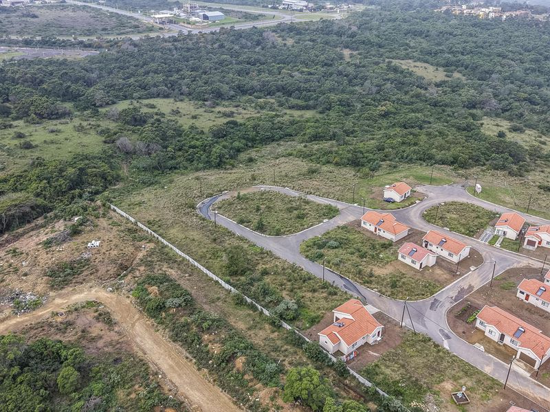 Aerial view of a residential development featuring paved roads, street lighting, and multiple detached homes set within a natural landscape.