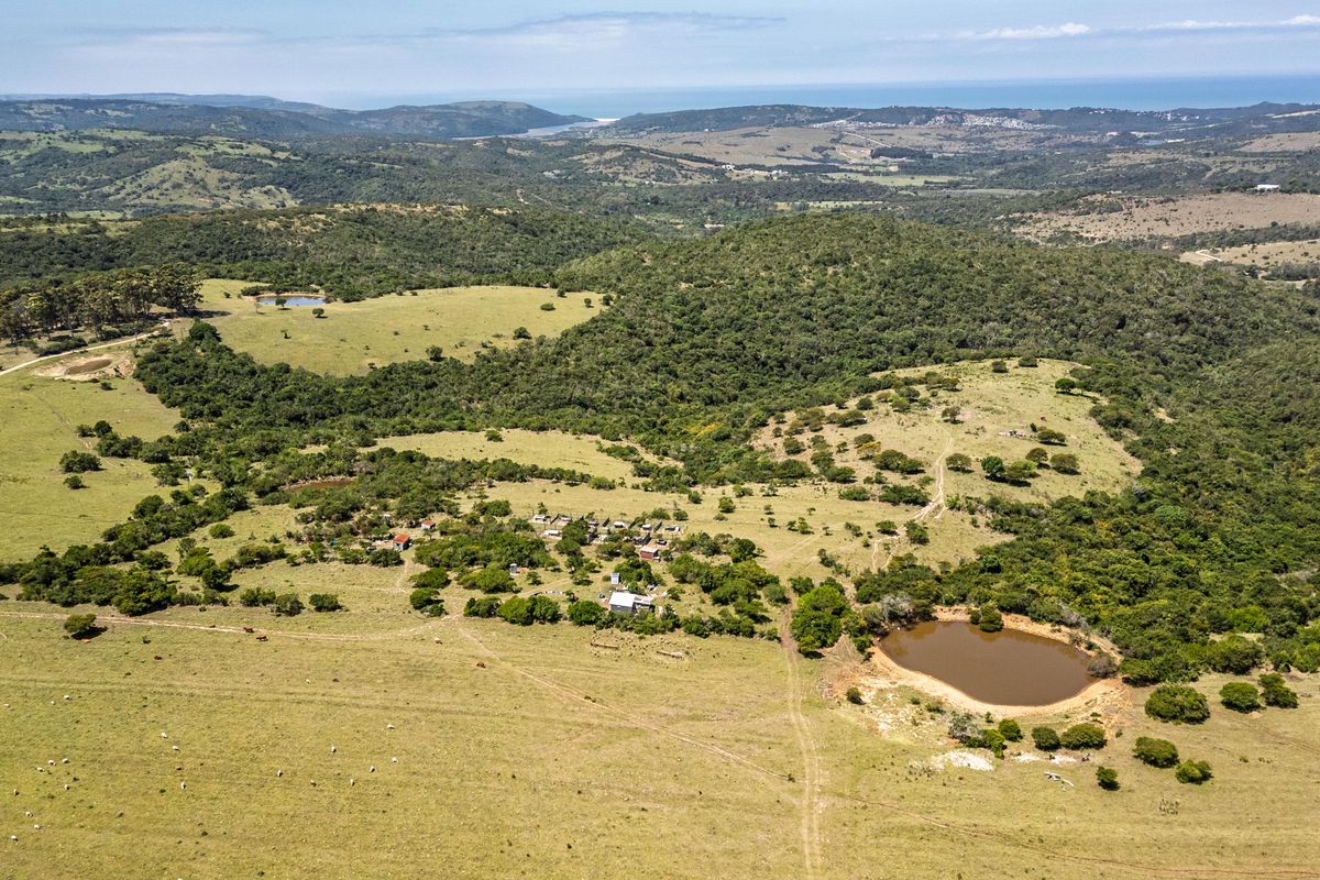 An expansive aerial view of the farm property, featuring rolling grazing land, natural vegetation, and a large farm dam.