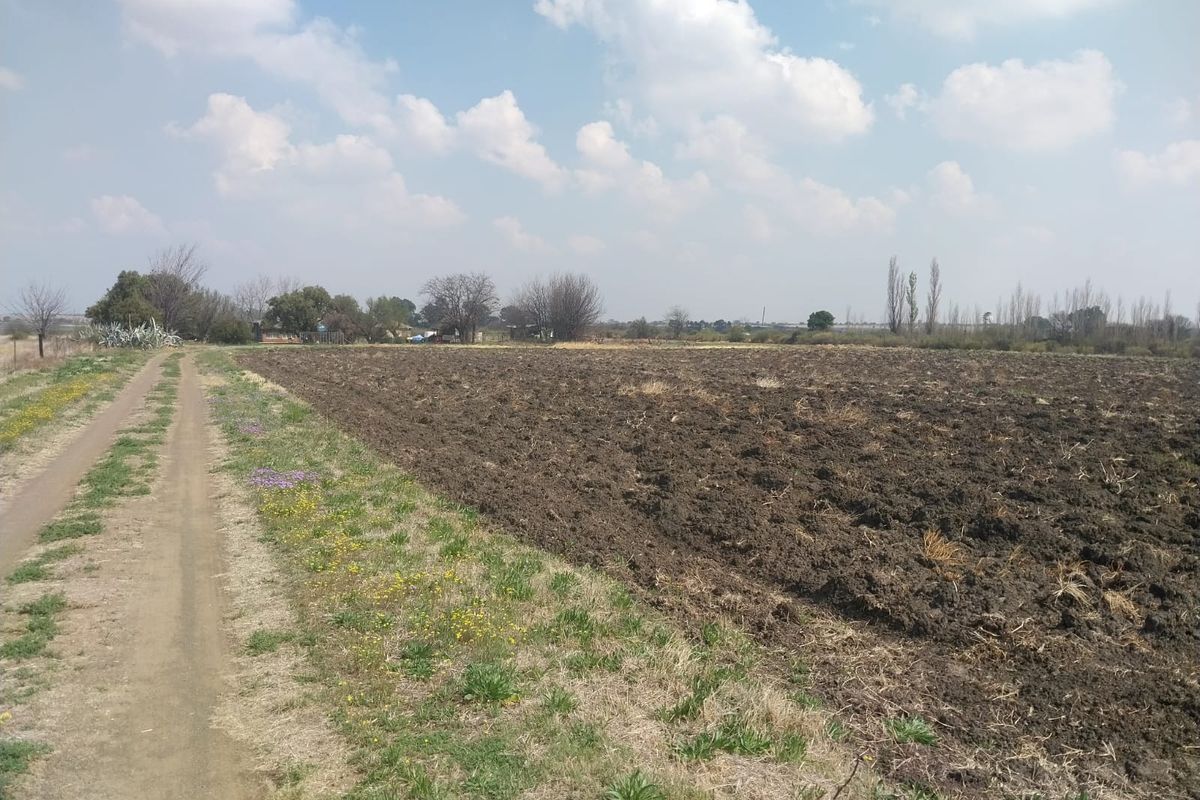 An expansive view of a small holding featuring a dirt access track alongside a large, recently ploughed agricultural field.