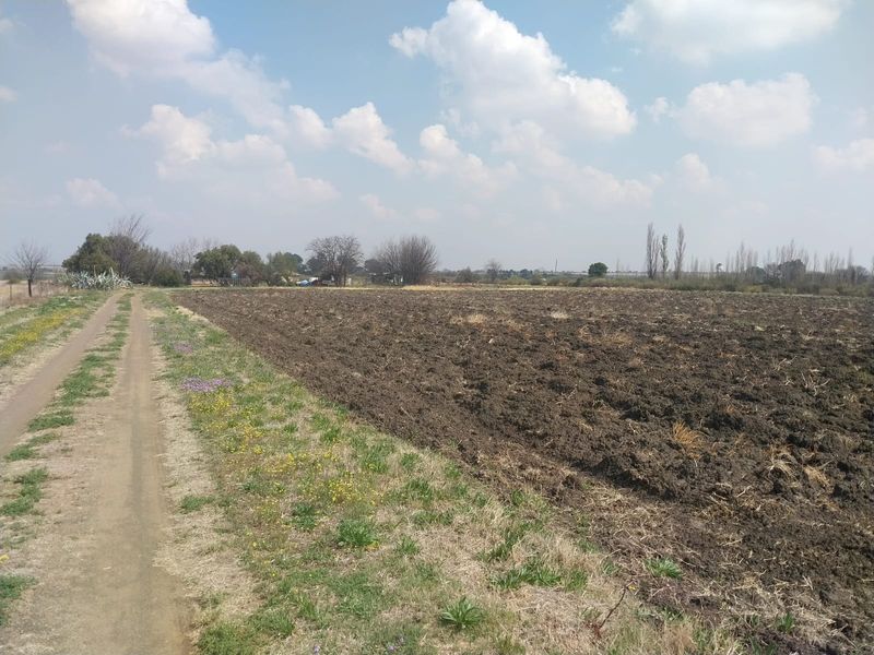 An expansive view of a small holding featuring a dirt access track alongside a large, recently ploughed agricultural field.