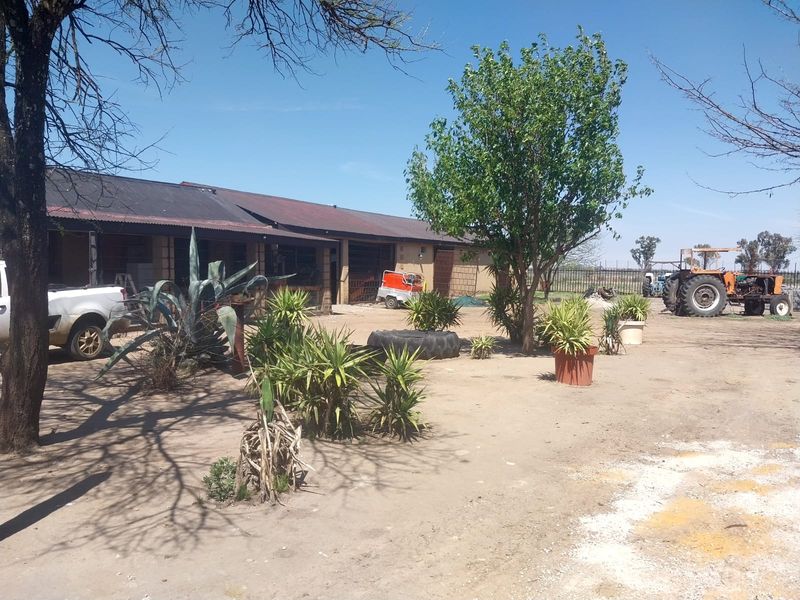 Rear view of a small holding property featuring a long brick structure with a corrugated metal roof and a covered veranda area.