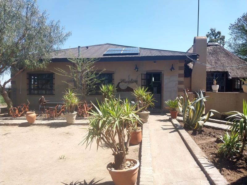Front elevation of a small holding property featuring a combination of metal and thatched roofing, solar panels, and a paved walkway leading to the entrance.
