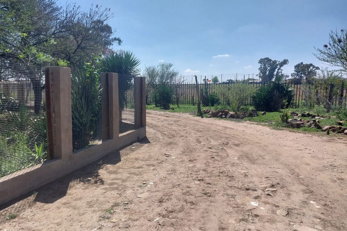 A view of the property entrance featuring a dirt driveway, perimeter fencing with concrete pillars, and established garden vegetation.