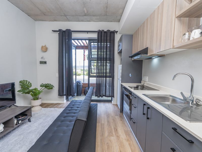Modern open-plan apartment featuring a sleek kitchen with built-in appliances, exposed concrete ceiling, and direct access to a private outdoor area.