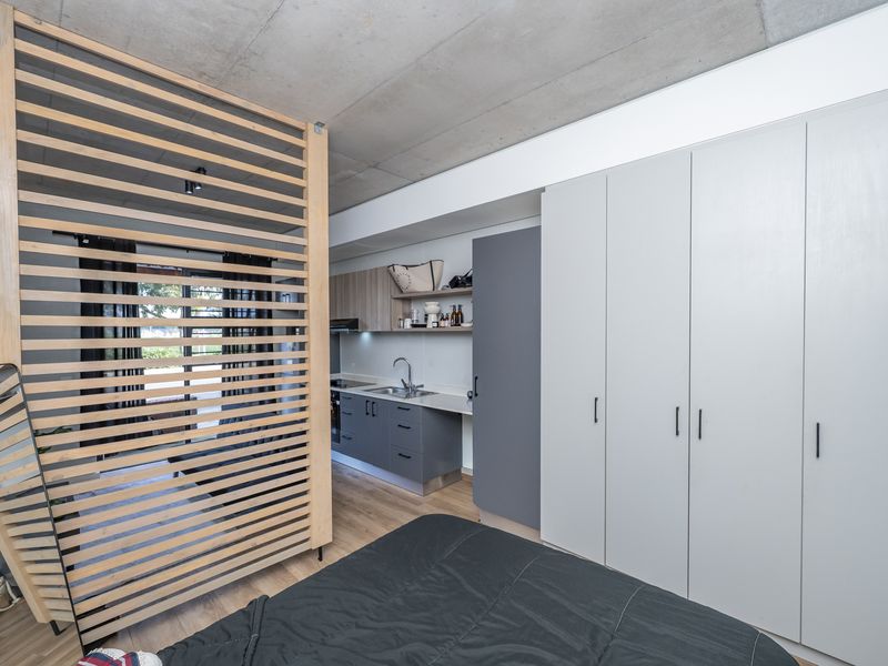 Modern open-plan studio apartment featuring an exposed concrete ceiling, timber slat room divider, built-in storage cabinetry, and a compact kitchenette.