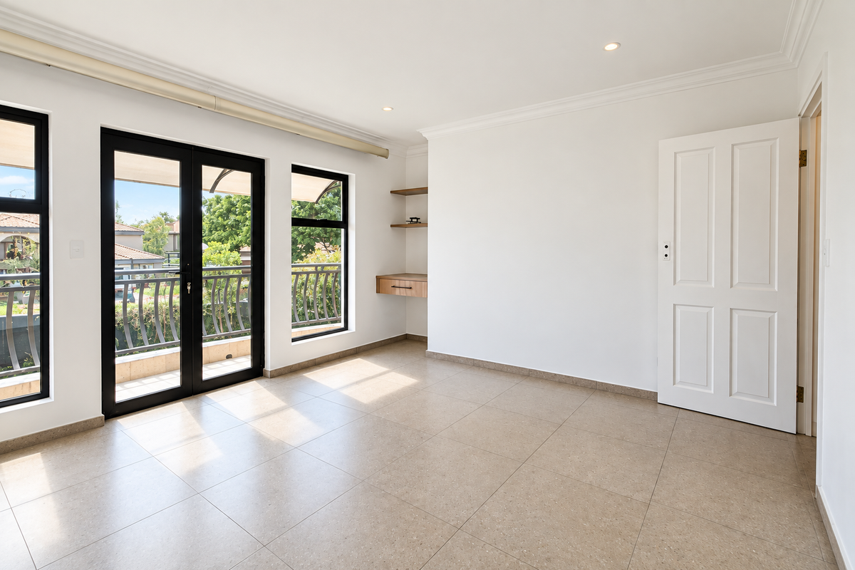 A bright, empty bedroom featuring neutral tiled flooring, built-in floating desk and shelving, and direct access to a private balcony through glass doors.