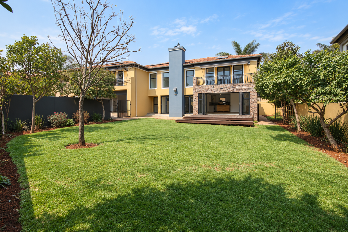 Spacious rear garden featuring a well-maintained lawn, timber decking, and a two-story home facade with stone accents and bi-fold doors.