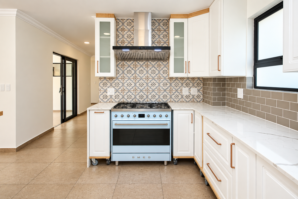 Modern kitchen featuring a signature blue Smeg gas stove, patterned tile backsplash, white shaker cabinetry, and quartz countertops with a clean, contemporary finish.