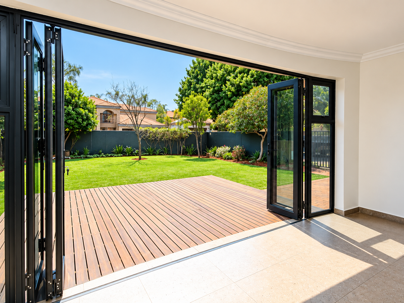 Indoor-outdoor living space featuring large black bi-fold doors opening onto a timber deck and a well-maintained private garden.