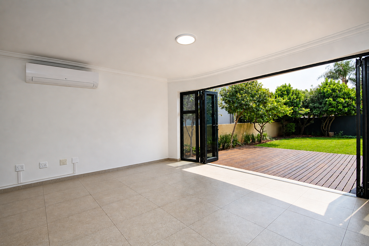 Bright, open-plan living area featuring large bi-fold doors that open onto a wooden deck and garden, complete with a wall-mounted air conditioning unit.