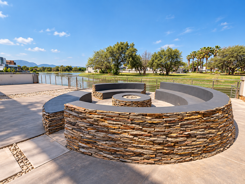 Outdoor entertainment area featuring a custom curved stone fire pit and integrated seating, overlooking a scenic waterfront landscape.